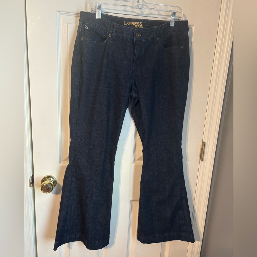 Express Women's Eva Dark Blue Fit and Flare Jeans